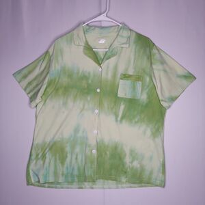 Swomog Button‎ Shirt Women 2XL Green Tie Dye Jersey Pocket Collar Short Sleeve